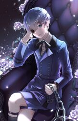 Rule 34 | 1boy, artchouu, black ribbon, black socks, blue dress, blue eyes, blue hair, blue jacket, blue shorts, buttons, chain, chair, ciel phantomhive, clenched hands, closed mouth, crossed legs, dark blue hair, dress, earrings, expressionless, eyepatch, flower, hand on own cheek, hand on own face, highres, holding, holding chain, jacket, jewelry, kuroshitsuji, leaf, light particles, looking at viewer, male focus, pov, ribbon, shirt, short hair, shorts, sitting, socks, solo, thigh strap, white flower, white shirt