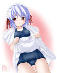 Rule 34 | 1girl, apron, blue hair, blush, female focus, gradient background, kotonomiya yuki, maid, maid apron, maid headdress, one-piece swimsuit, open mouth, red eyes, school swimsuit, short hair, solo, suigetsu, swimsuit, swimsuit under clothes, thigh gap, thighs