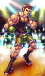 Rule 34 | 1boy, blue eyes, boots, boxing gloves, boxing ring, brown hair, camera flash, cross-laced footwear, eyebrows, fighting stance, lace-up boots, little mac, male focus, manly, muscular, nintendo, pectorals, punch-out!!, rho (rhoart), shorts, solo, super smash bros., sweat, tank top, thick eyebrows
