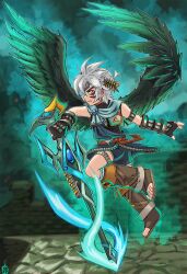 Rule 34 | alternate color, alternate costume, alternate eye color, alternate hair color, alternate weapon, armor, aura, belt, black tunic, black wings, blue gemstone, breastplate, clenched teeth, corruption, crescent, crossover, dark persona, dark pit, feathered wings, fierce deity, fingerless gloves, floating, flying, gem, gloves, glowing, glowing weapon, hal laboratory, highres, holding, holding staff, kid icarus, kid icarus uprising, looking to the side, nintendo, no pupils, possessed, possession, sandals, short hair, shorts, staff, stoic seraphim, super smash bros., teeth, the legend of zelda, the legend of zelda: majora&#039;s mask, toeless footwear, triangle, tunic, weapon, white eyes, white hair, wings, wrist guards