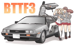 Rule 34 | 3girls, alisa (girls und panzer), back to the future, black neckwear, blazer, blonde hair, blouse, blue eyes, blue footwear, car, collared shirt, commentary, copyright name, cross-laced footwear, delorean, foot up, frown, girls und panzer, grey jacket, gullwing doors, hair intakes, highres, jacket, kay (girls und panzer), long hair, long sleeves, looking at viewer, looking at watch, miniskirt, motor vehicle, multiple girls, naomi (girls und panzer), necktie, open clothes, open jacket, open mouth, parody, pleated skirt, red skirt, saunders school uniform, school uniform, shirt, shoes, simple background, skirt, sleeves rolled up, sneakers, standing, thighhighs, uona telepin, vehicle focus, watch, white background, white legwear, white shirt, wristwatch