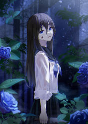 Rule 34 | 1girl, :d, absurdres, black hair, black sailor collar, blood, blood on face, bloody knife, blue eyes, blue flower, blue neckerchief, blue rose, breasts, crying, crying with eyes open, flower, from side, hair between eyes, highres, hyonee, knife, long hair, long sleeves, looking at viewer, looking to the side, neckerchief, night, open mouth, original, outdoors, rain, rose, sailor collar, see-through, shirt, small breasts, smile, solo, standing, tears, tree, very long hair, wet, wet clothes, wet shirt, white shirt, yandere