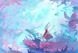 Rule 34 | 1girl, arthropod girl, chinese commentary, cloak, commentary request, coral, coral reef, feisekong286, fish, highres, hollow knight, hornet (hollow knight), horns, light rays, needle (hollow knight), red cloak, scenery, solo, standing, underwater, weapon, weapon on back, wide shot