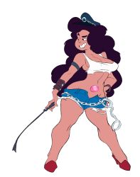 Rule 34 | 1other, black hair, breasts, capcom, chain, cleavage, collar, cosplay, crop top, cuffs, denim, denim shorts, final fight, gem, handcuffs, hat, high heels, highres, long hair, midriff, navel, open fly, peaked cap, poison (final fight), poison (final fight) (cosplay), short shorts, shorts, slb, solo, steven universe, stevonnie (steven universe), street fighter, very long hair, wavy hair