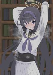 Rule 34 | 1girl, absurdly long hair, absurdres, armpits, arms up, black bodysuit, black hair, blue archive, blush, bodysuit, book, bookshelf, hairband, halo, highres, hot, indoors, long hair, looking at viewer, pleated skirt, purple eyes, rachel114514, school uniform, skirt, smell, solo, steam, steaming body, straight hair, sweat, sweatdrop, ui (blue archive), very long hair, wet, wet clothes