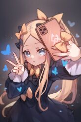 Rule 34 | 1girl, abigail williams (fate), black bow, black dress, blonde hair, blue eyes, blush, bow, breasts, cellphone, dress, fate/grand order, fate (series), forehead, hair bow, highres, long hair, long sleeves, looking at viewer, miya (miyaruta), multiple hair bows, open mouth, orange bow, parted bangs, phone, ponytail, ribbed dress, sidelocks, small breasts, solo, v
