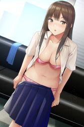 Rule 34 | 1girl, bad id, bad twitter id, blue skirt, blush, bra, breasts, brown eyes, brown hair, cleavage, clothes pull, collarbone, commentary request, couch, hip focus, idolmaster, idolmaster cinderella girls, indoors, leaning forward, long hair, medium breasts, mizumoto yukari, navel, open clothes, open mouth, open shirt, panties, parted lips, pink bra, pink panties, pleated skirt, school uniform, shirt, short sleeves, skirt, skirt pull, solo, umihotaru harumare, underwear, undressing