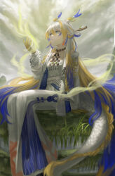 Rule 34 | 1girl, aqua eyes, arknights, bare shoulders, beads, belt, blonde hair, blue hair, blue horns, closed mouth, ditio (ta243401), dragon girl, dragon horns, dragon tail, earrings, feet out of frame, grass, hair between eyes, hand up, highres, horns, jacket, jewelry, long sleeves, looking up, magic, necklace, off shoulder, open clothes, open jacket, outdoors, overcast, pants, plant, pointy ears, shu (arknights), sitting, sky, solo, tail, white belt, white hair, white horns, white jacket, white pants, white tail, yellow horns, yellow tail