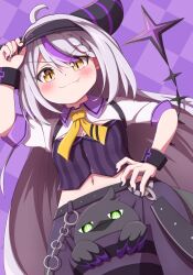 Rule 34 | 1girl, ascot, black horns, black nails, braid, braided bangs, chain, cleavage cutout, clothing cutout, crow (la+ darknesss), fang, fang out, grey hair, highres, hololive, horns, la+ darknesss, long hair, moromoro (mromro1129), multicolored hair, nail polish, navel, official alternate costume, pointy ears, purple hair, streaked hair, striped horns, virtual youtuber, wrist cuffs, yellow eyes