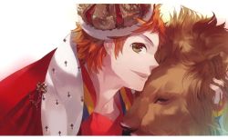 1boy crown green_eyes haruki_naoshi leo_(zodiac) lion male_focus orange_hair profile red_hair solo starry_sky_(game) yellow_eyes zodiac