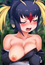 Rule 34 | 1girl, bare shoulders, black hair, blonde hair, blurry, blurry background, blush, breasts, cleavage, closed eyes, collarbone, commentary, embarrassed, hair between eyes, headphones, highres, kemono friends, large breasts, masuyama ryou, nipples, off shoulder, open mouth, red hair, rockhopper penguin (kemono friends), short hair, solo, undressing, upper body