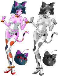 Rule 34 | 1girl, animal ears, artist request, bishoujo senshi sailor moon, bishoujo senshi sailor moon s, breasts, cat ears, cat girl, cat tail, collar, collarbone, colored skin, corruption, daimon (sailor moon), female focus, greyscale, large breasts, leg tattoo, looking at viewer, luna-p, monochrome, multiple views, nekonneru (sailor moon), no humans, panties, pointy ears, purple skin, red eyes, shiny skin, smile, tail, tattoo, thick thighs, thighs, underwear, underwear only, white panties, wide hips