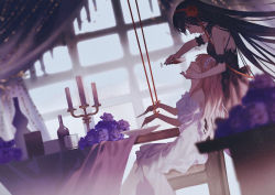Rule 34 | 2girls, absurdres, adapted costume, akemi homura, akuma homura, alcohol, arm strap, black dress, black hair, black nails, blurry, blurry foreground, bound, bound wrists, bow, candelabra, candle, candlestand, closed eyes, cup, detached sleeves, dress, drinking glass, dutch angle, flower, from side, hair bow, hair flower, hair ornament, hair ribbon, hairband, highres, holding, holding cup, kaname madoka, long hair, mahou shoujo madoka magica, mahou shoujo madoka magica: hangyaku no monogatari, multiple girls, nail polish, open mouth, pink hair, profile, purple flower, purple rose, red flower, red hairband, red ribbon, red rose, ribbon, rose, short sleeves, sleeveless, sleeveless dress, ultimate madoka, very long hair, white bow, white dress, white sleeves, wine, wine glass, yayaziiii