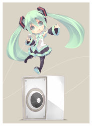 Rule 34 | 1girl, :d, aqua eyes, aqua hair, bad id, bad pixiv id, black thighhighs, blush, chibi, detached sleeves, hair ornament, hair ribbon, hatsune miku, highres, holding, long hair, microphone, open mouth, outstretched arm, ribbon, shiitake (mm0820), simple background, skirt, smile, solo, speaker, thighhighs, twintails, very long hair, vocaloid