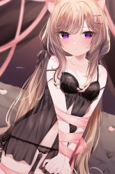 Rule 34 | 1girl, animal ear fluff, animal ears, babydoll, bare shoulders, black panties, bound, breasts, brown hair, cat ears, cat girl, cat tail, closed mouth, collarbone, commentary request, hair ornament, hairclip, highres, leo (mafuyu), long hair, looking at viewer, low twintails, mafuyu (chibi21), multicolored hair, original, panties, pink ribbon, purple eyes, purple hair, ribbon, see-through, side-tie panties, signature, small breasts, solo, strap slip, streaked hair, tail, twintails, underwear, very long hair