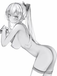 Rule 34 | 1girl, absurdres, ass, blush, bow, breasts, detached collar, from side, greyscale, hair between eyes, hair bow, highres, hololive, large breasts, leaning forward, looking at viewer, monochrome, nanashi (nlo), nipples, nude, pointy ears, shiranui flare, side ponytail, simple background, skindentation, solo, thighhighs, virtual youtuber