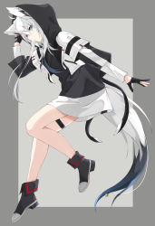 Rule 34 | 1girl, ahoge, animal ears, black footwear, black gloves, black hoodie, boots, border, commentary request, fox ears, fox girl, fox tail, gloves, green eyes, grey background, hair between eyes, heterochromia, highres, hood, hood up, hoodie, jacket, long sleeves, looking at viewer, looking to the side, open clothes, open jacket, original, partially fingerless gloves, sidelocks, simple background, solo, sumishi (sumisi 3), tail, tail ornament, tail ring, thigh strap, white hair, white jacket, yellow eyes
