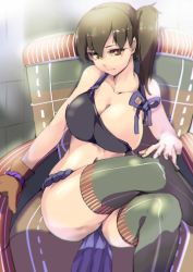 Rule 34 | 10s, 1girl, armadillo-tokage, bad id, bad pixiv id, bare shoulders, blue ribbon, breasts, brown eyes, brown gloves, brown hair, cleavage, collarbone, crossed legs, female focus, frown, gloves, green thighhighs, hair between eyes, highres, kaga (kancolle), kantai collection, large breasts, looking at viewer, midriff, muneate, naked muneate, navel, partially fingerless gloves, partly fingerless gloves, ribbon, rope, short hair, side ponytail, single glove, sitting, solo, thighhighs, thighs, throne, yugake