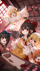 5girls absurdres apron ascot blonde_hair blue_bow blue_eyes blush bow brown_eyes brown_hair capelet chinese_commentary closed_mouth commentary_request cooking detached_sleeves dress drooling fairy fairy_wings flying food frilled_bow frilled_hair_tubes frills green_eyes hair_bow hair_tubes hakurei_reimu hat headdress highres indoors kourou_(kouroukun) lily_white long_hair long_sleeves luna_child mouth_drool multiple_girls open_mouth orange_hair red_bow red_skirt ribbon-trimmed_sleeves ribbon_trim sakura_mochi skirt skirt_set smile star_sapphire sunny_milk touhou wagashi white_capelet white_dress white_hat wings yellow_apron yellow_ascot