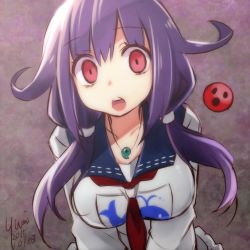 Rule 34 | 10s, 1girl, :o, blue hair, breasts, dress, empty eyes, gameplay mechanics, jewelry, kantai collection, long hair, looking at viewer, low twintails, md5 mismatch, necklace, open mouth, purple hair, red eyes, resized, sailor dress, solo, taigei (kancolle), twintails, yumi yumi