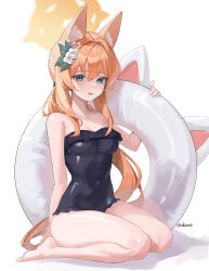 Rule 34 | 1girl, absurdres, animal ear fluff, animal ears, artist name, bad anatomy, barefoot, black one-piece swimsuit, blue archive, blue eyes, blush, breasts, collarbone, commentary, covered navel, flower, fox ears, fox girl, fox tail, full body, hair between eyes, hair flower, hair ornament, halo, highres, innertube, long hair, looking at viewer, low ponytail, mari (blue archive), mari (swimsuit) (blue archive), medium breasts, official alternate costume, one-piece swimsuit, orange hair, orange halo, parted lips, paw print, print swimsuit, reversed foot, setakman, sidelocks, simple background, sitting, smile, solo, strapless, strapless one-piece swimsuit, swim ring, swimsuit, tail, thighs, twitter username, very long hair, wariza, white background, white flower