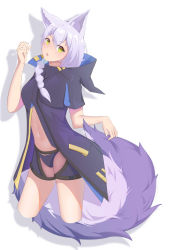 Rule 34 | 1girl, absurdres, animal ears, arknights, black jacket, braid, breasts, commentary request, cropped legs, drop shadow, fluffy, hair between eyes, hand up, head tilt, highres, hood, hooded jacket, jacket, large tail, long hair, looking at viewer, maboroshiyume-chan, medium breasts, navel, parted lips, provence (arknights), purple hair, short sleeves, simple background, single braid, solo, stomach, tail, thighs, white background, wolf ears, wolf tail, yellow eyes