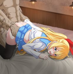 Rule 34 | 1boy, 1girl, arm grab, blonde hair, blouse, blue eyes, blue skirt, bow, clothes lift, commission, cum, cum in pussy, cum on ass, cumdrip, doggystyle, drooling, empty eyes, from side, hair bow, hetero, highres, kirisaki chitoge, long hair, midriff, nisekoi, pixiv commission, rape, red bow, sailor collar, school uniform, serafuku, sex, sex from behind, shirt, skirt, tatsukiti, tattoo, thighhighs, thighs, white shirt