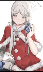 Rule 34 | 1girl, absurdres, bandaged arm, bandages, blue archive, blush, box, capelet, colored eyelashes, gift, gift box, grey eyes, grey hair, hair ornament, halo, highres, holding, holding gift, long hair, nagusa (blue archive), parted lips, pom pom (clothes), red capelet, santa costume, simple background, solo, tounooji (akiomeromisa), white background