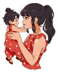 Rule 34 | 2girls, absurdres, baby, black hair, frills, from side, highres, holding, holding baby, lips, long hair, looking at another, matching outfits, mother and daughter, multiple girls, original, polka dot, ponytail, red eyes, red footwear, romper, shirt, shoes, short hair, stephanie priscilla, tears, upper body, white background