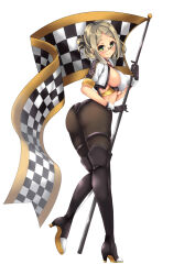Rule 34 | 1girl, ass, black gloves, black pantyhose, boots, breasts, checkered flag, flag, folded ponytail, glasses, gloves, green eyes, high heels, highres, holding, holding flag, kantai collection, katori (kancolle), kuga zankurou, large breasts, long hair, pantyhose, race queen, sideboob, thigh boots