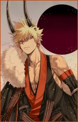 Rule 34 | 1boy, abs, bakugou katsuki, blonde hair, boku no hero academia, border, collarbone, earrings, glowing, glowing eyes, highres, horns, japanese clothes, japanese flag, jewelry, male focus, mkm (mkm storage), pectorals, pointy ears, red border, red eyes, signature, solo, sparkle, spiked hair, toned, toned male