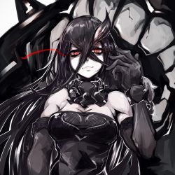 Rule 34 | 10s, 1girl, abyssal ship, bare shoulders, battleship water oni, black dress, black hair, breasts, collar, deel (rkeg), dress, elbow gloves, gloves, hair between eyes, highres, horns, kantai collection, large breasts, long hair, looking at viewer, monster, pale skin, red eyes, single horn, smile, strapless, strapless dress