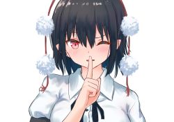 Rule 34 | 1girl, ;d, black hair, black ribbon, blush, breasts, commentary request, finger to mouth, hair between eyes, hand up, index finger raised, looking at viewer, medium breasts, neck ribbon, one eye closed, open mouth, pointy ears, pom pom (clothes), puffy short sleeves, puffy sleeves, red eyes, ribbon, roke (taikodon), shameimaru aya, shirt, short hair, short sleeves, simple background, smile, solo, tassel, touhou, upper body, white background, white shirt