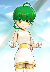 Rule 34 | 1girl, ahoge, bare shoulders, belt, belt pouch, bracelet, dress, gloves, green eyes, green hair, hair ornament, hiiragi rokuna, jewelry, mon colle knights, oumi mizu, pouch, rokumon tengai mon colle knight, short hair, smile, solo, thighhighs, white gloves