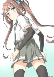 Rule 34 | 10s, 1girl, absurdres, arm warmers, artist name, asagumo (kancolle), blush, brown hair, cowboy shot, from behind, highres, kantai collection, long hair, looking at viewer, looking back, pout, ryuki (ryukisukune), school uniform, short sleeves, solo, thighhighs, twintails, very long hair, zettai ryouiki