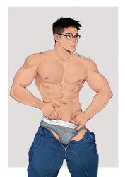 Rule 34 | 1boy, abs, bara, black hair, blue pants, briefs, bulge, chioneoc, clothes pull, glasses, grey male underwear, hand under clothes, highres, large pectorals, male focus, male underwear, male underwear peek, muscular, muscular male, navel, nipples, open fly, open pants, original, pants, pants pull, parted lips, pectorals, short hair, solo, topless male, undercut, underwear