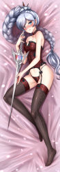Rule 34 | 1girl, adsouto, bed sheet, black thighhighs, blue eyes, blush, breasts, choker, cleavage, closed mouth, collarbone, dakimakura (medium), frills, from above, full body, garter straps, hair ornament, highres, holding, holding sword, holding weapon, long hair, looking at viewer, lying, medium breasts, on back, on side, panties, print thighhighs, red panties, rwby, scar, scar across eye, scar on face, silver hair, smile, solo, swept bangs, sword, thighhighs, tongue, tongue out, underwear, underwear only, very long hair, weapon, weiss schnee