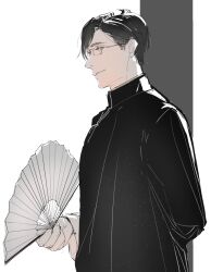Rule 34 | 1boy, asymmetrical bangs, axis powers hetalia, black hair, changpao, chinese clothes, chinese commentary, folding fan, glasses, hand fan, highres, holding, holding fan, long sleeves, looking at viewer, macau (hetalia), paper fan, parted lips, short hair, simple background, sketch, smile, solo, upper body, yellow eyes, zhongerweiyuan