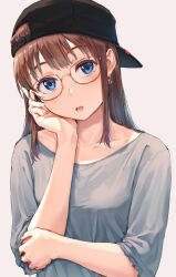 Rule 34 | 1girl, backwards hat, baseball cap, black hat, blue eyes, brown hair, collarbone, earrings, glasses, grey shirt, hand on own cheek, hand on own elbow, hand on own face, hat, jewelry, long hair, mixed-language commentary, open mouth, original, ryuunosuke (luckyneco), shirt, simple background, sleeves pushed up, solo, upper body