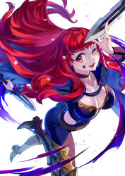Rule 34 | 1girl, belt, between fingers, bodysuit, breasts, cape, cleavage, clothing cutout, dagger, fire emblem, fire emblem engage, hair ornament, highres, holding, knife, large breasts, long hair, armored boots, monmon, nintendo, one eye closed, red eyes, red hair, reverse grip, side cutout, solo, star (symbol), star hair ornament, weapon, yunaka (fire emblem)
