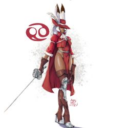 Rule 34 | 1girl, absurdres, animal ears, armor, blouse, boots, cape, dark skin, final fantasy, final fantasy xii, gloves, hair over one eye, hat, high heels, highres, rabbit ears, rapier, red eyes, red mage (final fantasy), shirt, sword, thigh boots, thighhighs, thighs, uniform, viera, weapon, white hair, wizard hat