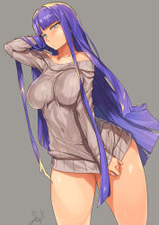 Rule 34 | 1girl, arm behind head, arm up, bare shoulders, blue eyes, blunt bangs, blush, breasts, collarbone, commission, fate/grand order, fate (series), grey sweater, large breasts, long hair, long sleeves, looking at viewer, martha (fate), off-shoulder sweater, off shoulder, pixiv commission, purple hair, ribbed sweater, sajittari, simple background, solo, sweater, thighs