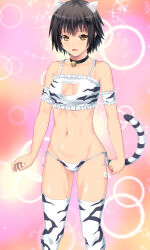 Rule 34 | 1girl, animal ears, animal print, ano hito, bell, black collar, black hair, breasts, brown eyes, cat cutout, cat ear panties, cat ears, cat lingerie, cat tail, cleavage, cleavage cutout, clothing cutout, collar, commentary request, fake animal ears, fake tail, meme attire, navel, neck bell, original, panties, short hair, side-tie panties, small breasts, solo, sparkle, tail, thighhighs, tiger print, underwear