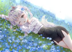 Rule 34 | 1girl, animal ears, arms up, backlighting, bad id, bad pixiv id, bare shoulders, black skirt, blue flower, blush, brown eyes, commentary, commission, dog ears, dog girl, dog tail, dutch angle, english commentary, field, flower, flower field, grass, long hair, long sleeves, looking at viewer, lying, off shoulder, on grass, on side, one eye closed, open mouth, original, qlakwnd, shirt, silver hair, skirt, solo, tail, tail raised, twintails, white shirt