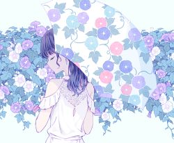 Rule 34 | 1girl, blue background, blunt bangs, closed eyes, closed mouth, commentary request, detached sleeves, dress, earrings, floral print, flower, flower request, from behind, hiten (hitenkei), holding, holding umbrella, jewelry, leaf, long hair, mole, mole under eye, morning glory print, original, simple background, solo, umbrella, upper body, white dress