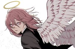 Rule 34 | 1boy, androgynous, angel devil (chainsaw man), angel wings, black jacket, chainsaw man, commentary request, feathered wings, from side, halo, highres, jacket, llq9ull, male focus, red eyes, red hair, solo, upper body, wings