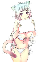 Rule 34 | 1girl, :o, animal ears, aqua hair, bikini, blank sign, blush, breasts, cat ears, cat tail, cleavage, copyright request, cowboy shot, gradient hair, holding, holding sign, leaning forward, long hair, looking at viewer, multicolored hair, navel, nishieda, parted lips, pink eyes, pink hair, side-tie bikini bottom, sign, simple background, solo, standing, swimsuit, tail, template, white background, white bikini