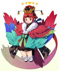 Rule 34 | 1girl, absurdly long hair, armor, benienma (fate), benienma (third ascension) (fate), bird hat, black bow, blue sleeves, bow, bright pupils, brown kimono, commentary request, fate/grand order, fate (series), feather-trimmed sleeves, feet up, full body, fur collar, green bow, green sleeves, hair bow, hair flaps, holy grail (fate), japanese armor, japanese clothes, kimono, kote, kurokote, long hair, looking at viewer, low ponytail, multicolored sleeves, obi, obijime, open mouth, over-kneehighs, red eyes, red hair, red sleeves, sash, short kimono, smile, solo, somemiya suzume, star (symbol), thighhighs, very long hair, waist bow, white pupils