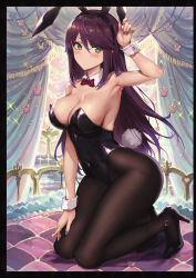 Rule 34 | 1girl, animal ears, armpits, bare shoulders, black footwear, black leotard, blush, breasts, brown hair, cleavage, closed mouth, covered navel, curtains, detached collar, fake animal ears, fingernails, gradient hair, green eyes, haoni, hat, high heels, highres, leotard, looking at viewer, medium breasts, multicolored hair, nail polish, original, pantyhose, playboy bunny, purple hair, rabbit ears, rabbit tail, shiny clothes, shiny skin, simple background, solo, strapless, strapless leotard, tail, two-tone hair, wrist cuffs