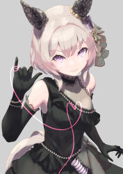 Rule 34 | 1girl, absurdres, animal ears, bare shoulders, black dress, black gloves, breasts, cleavage, closed mouth, curren chan (sakutsuki ma cherie) (umamusume), curren chan (umamusume), dress, ear covers, elbow gloves, gloves, grey background, hair intakes, hand up, heart, heart of string, highres, horse ears, horse girl, horse tail, light brown hair, lips, looking at viewer, medium breasts, medium hair, pinky out, purple eyes, see-through, see-through cleavage, sleeveless, sleeveless dress, smile, solo, stella (stella), tail, umamusume, upper body